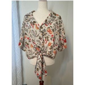Cider Womens Beige Botanical Fruit Print Tie-Front Blouse Top OXL Short Sleeve